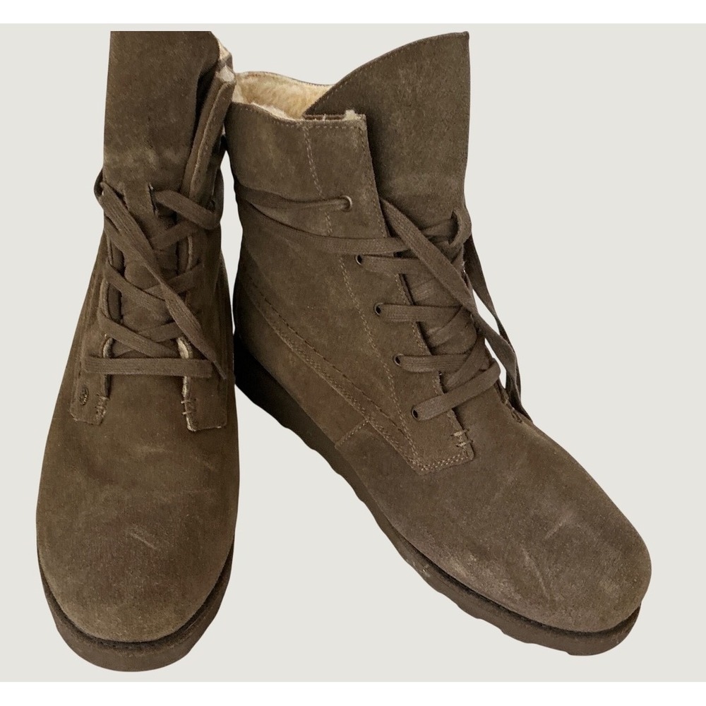 Bearpaw Suede Lace Up Boots Faux Fur Lined Brown Winter Shoes Size 10